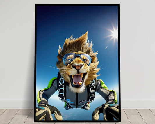 Skydiving Lion Poster - Epic Wall Art - Extreme Sport Decor - Unique Animal Print for Animal Lovers