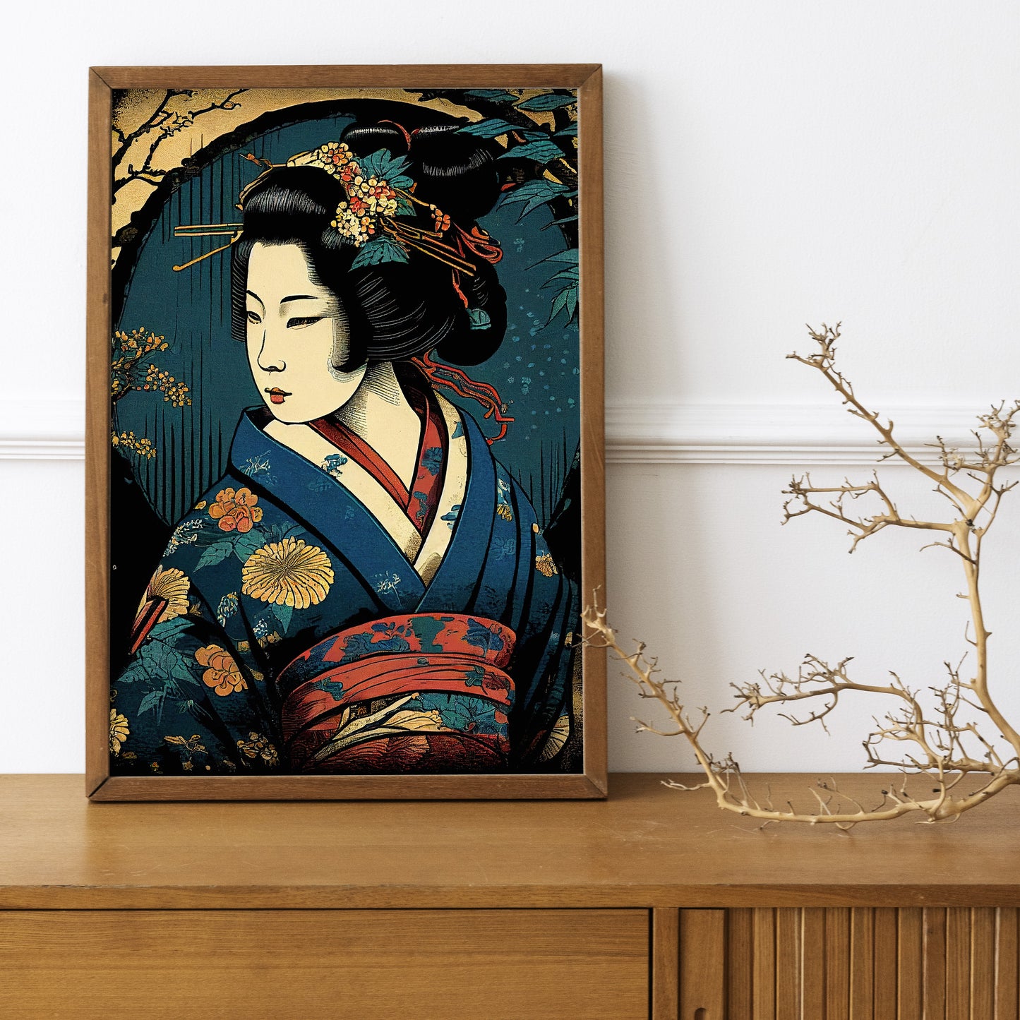 Poster Affiche Geisha au Kimono Bleu - Illustration Art Japonais, Décoration Murale Geiko Élégante