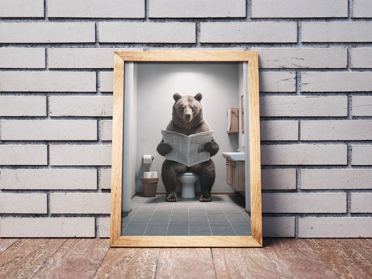 Brown Bear Reading Newspaper Poster – Unique Funny Bathroom Wall Art for WC – Perfect Decorative Gift