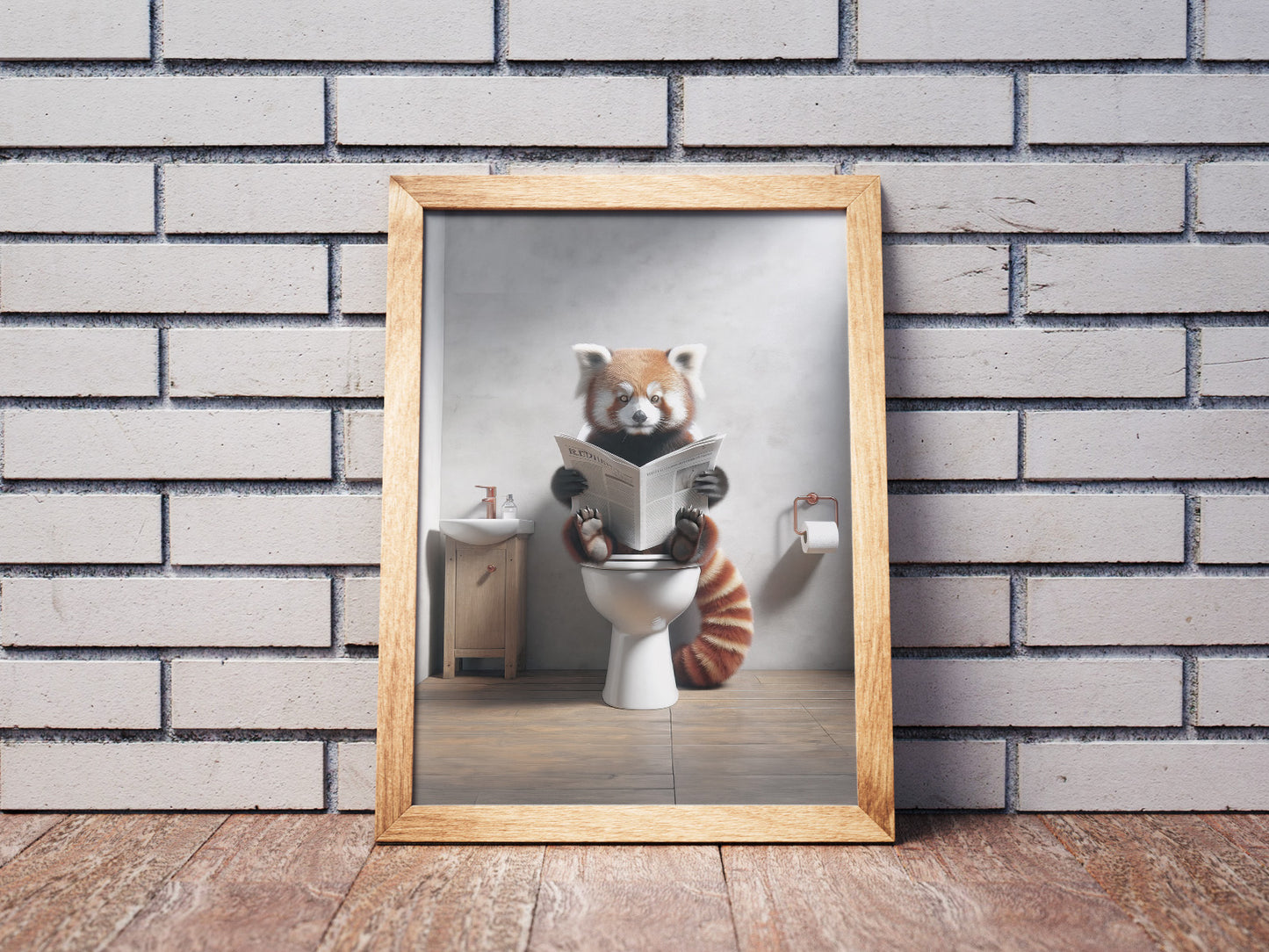 Red Panda Reading Newspaper - Funny Bathroom Wall Art Poster | Unique WC Toilet Decor | Perfect Funny Gift