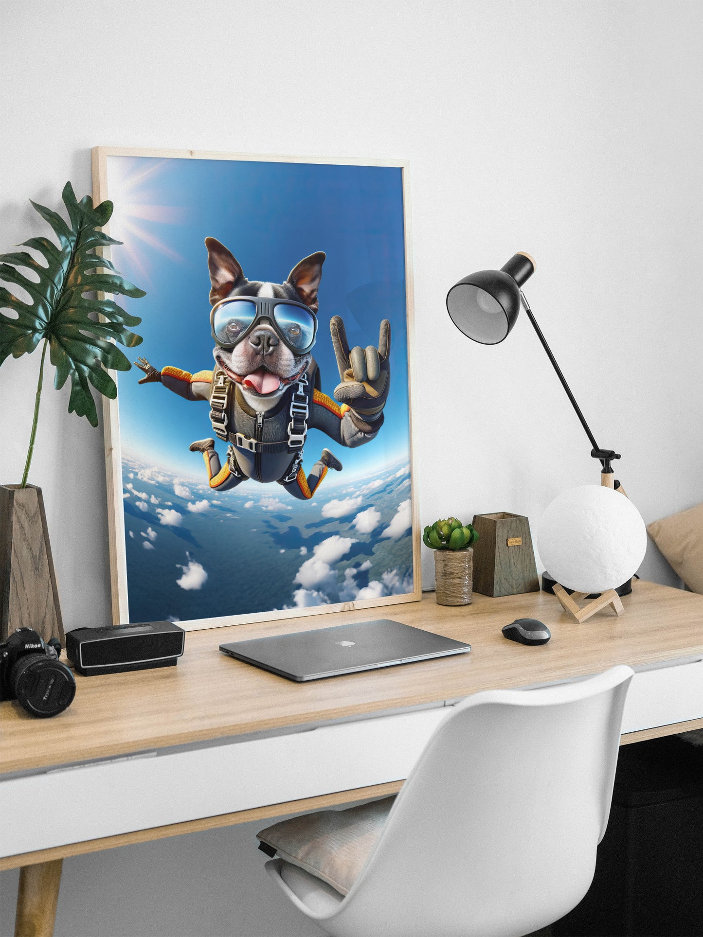 "Epic Skydiving Boston Terrier Poster - Unique Animal Print Wall Art for Dog Lovers - Extreme Sport Decor"