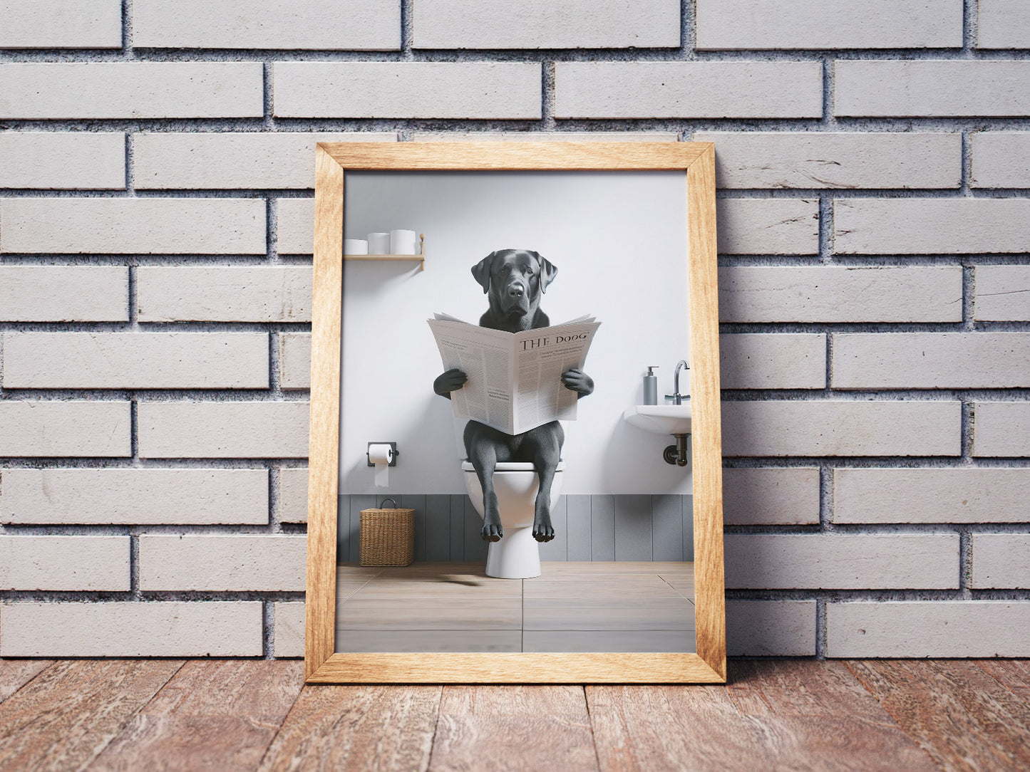 Funny Black Lab Bathroom Wall Art - Unique Poster of Dog Reading Newspaper on Toilet - Comical WC Decor & Gift