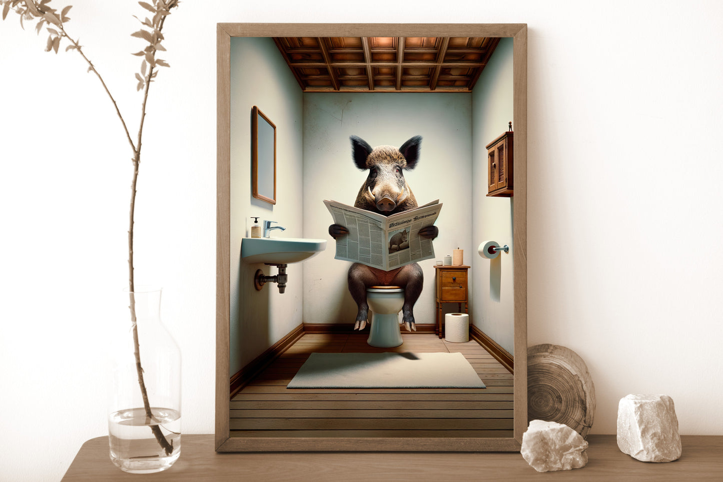 Poster de Sanglier lisant le journal, Humour WC, Décoration Salle de bain, Cadre Fun, Art Mural Original, Idée Cadeau Originale