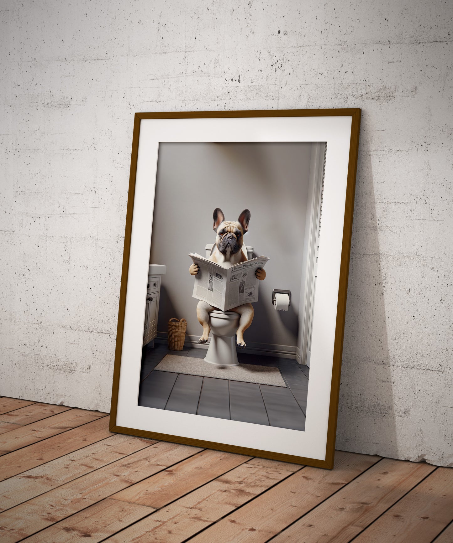 Poster Bouledogue Français lisant le journal sur les toilettes, Décoration Humour Salle de Bain, Cadre Fun, Cadeau Original