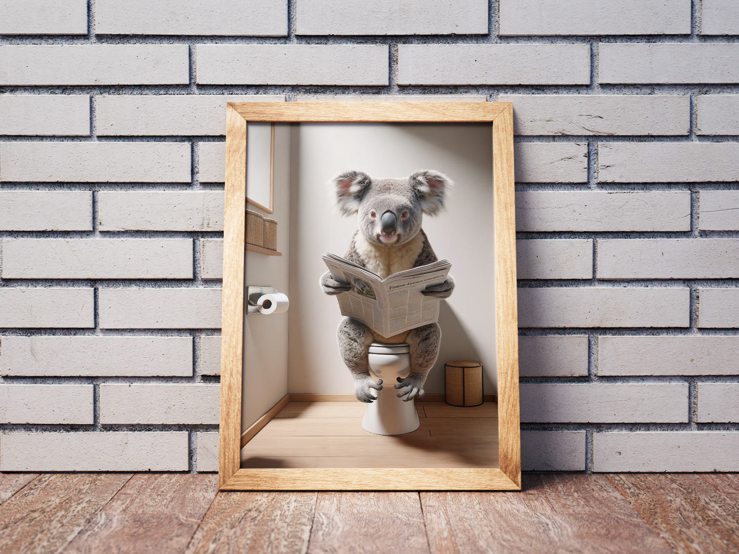 Funny Koala Reading Newspaper on Toilet Poster - Quirky Bathroom Wall Art Décor - Unique Gag Gift