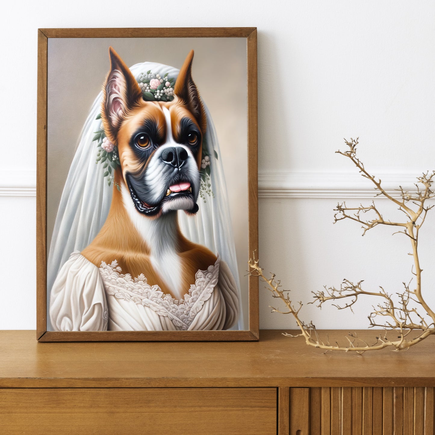 "Funny Boxer Dog in Wedding Dress Poster – Unique Animal Wall Art Decor – Bride Themed Gift"