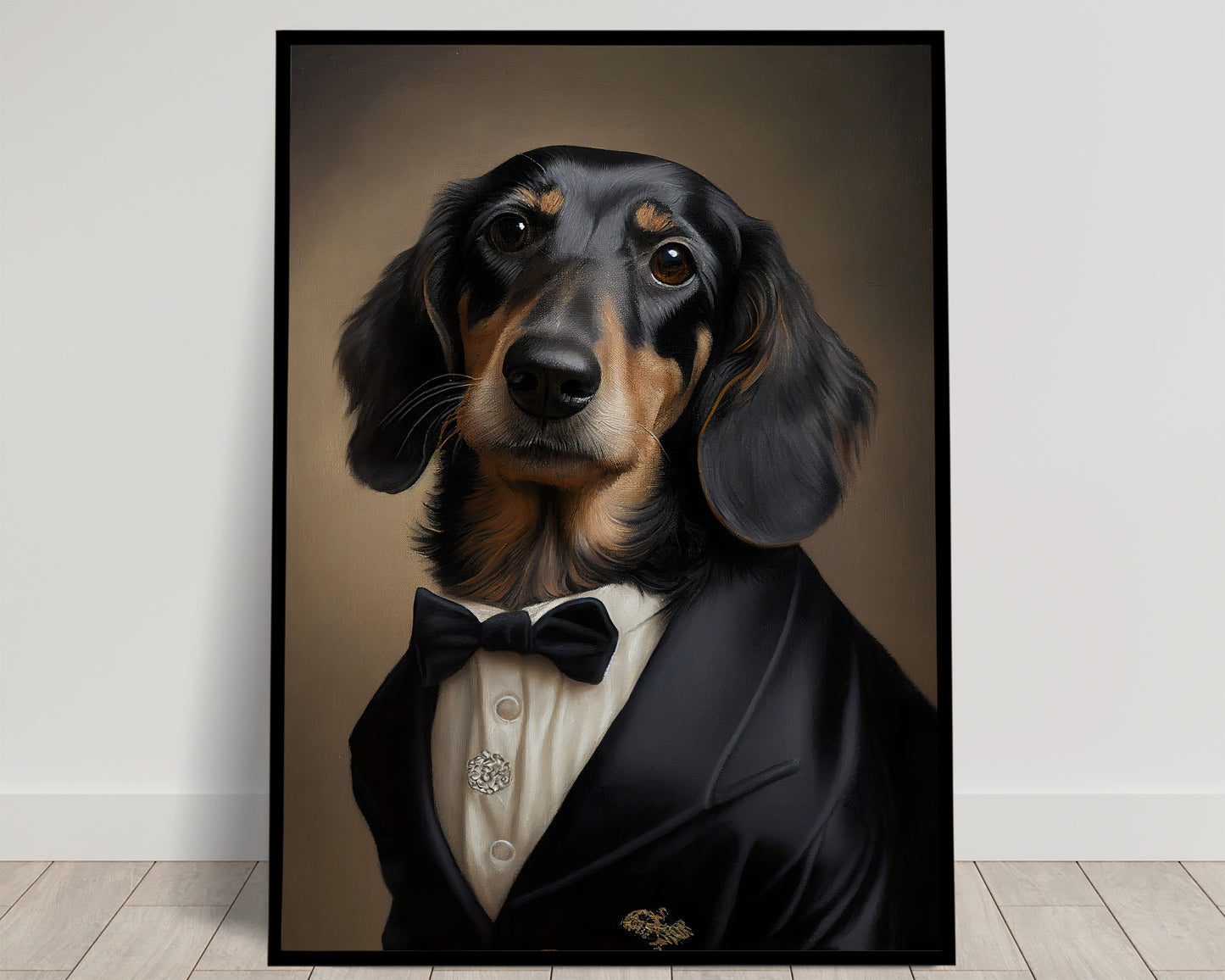 Poster Portrait Teckel en Smoking - Impression Murale Tuxedo - Art Mural Chien Chic et Humoristique