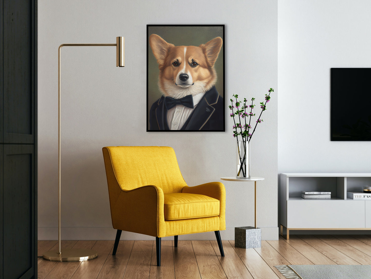 Poster chien corgi en smoking, décoration murale élégante, affiche chiot stylé, art mural animaux