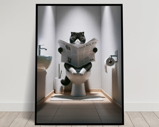 Affiche Chat Exotic Shorthair Noir et Blanc lisant sur toilettes - Déco Murale Humour WC & Salle de Bain, Cadeau Parfait