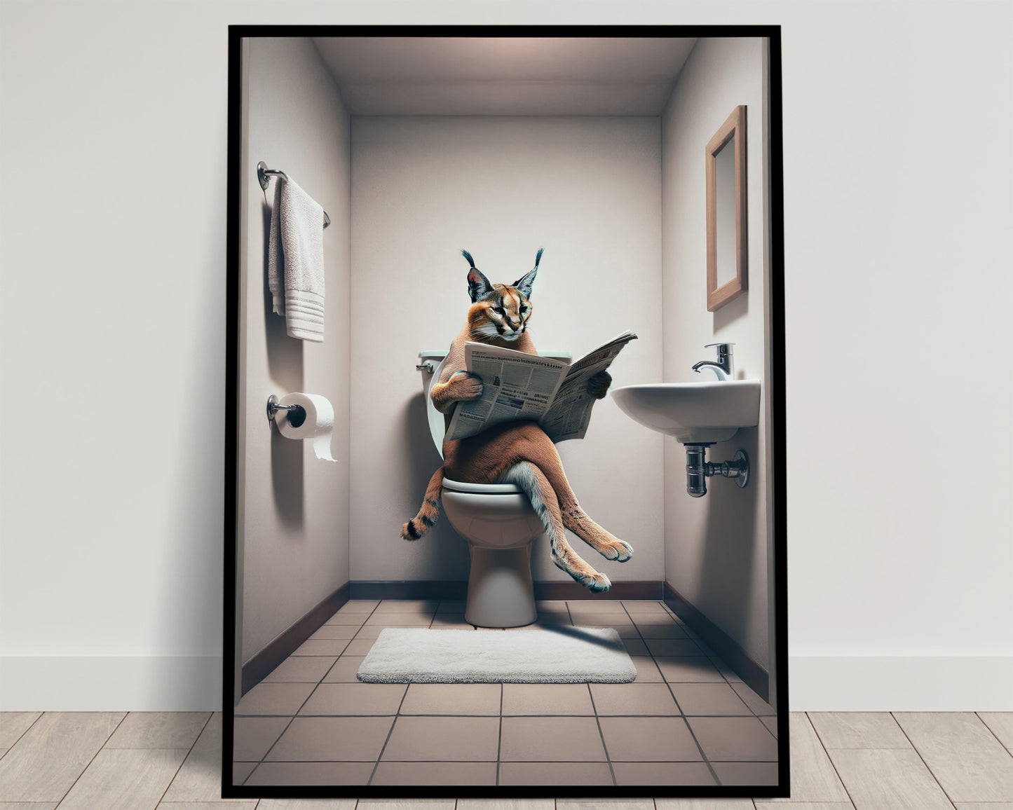 Affiche Caracal lisant le journal aux toilettes, Humour WC, Décoration Murale Salle de Bain, Poster Amusant Cadeau Unique