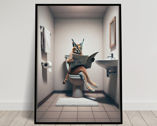 Caracal Reading Newspaper Toilet Poster - Funny Bathroom Decor Wall Art - Unique Gag Gift WC Toilet Poster