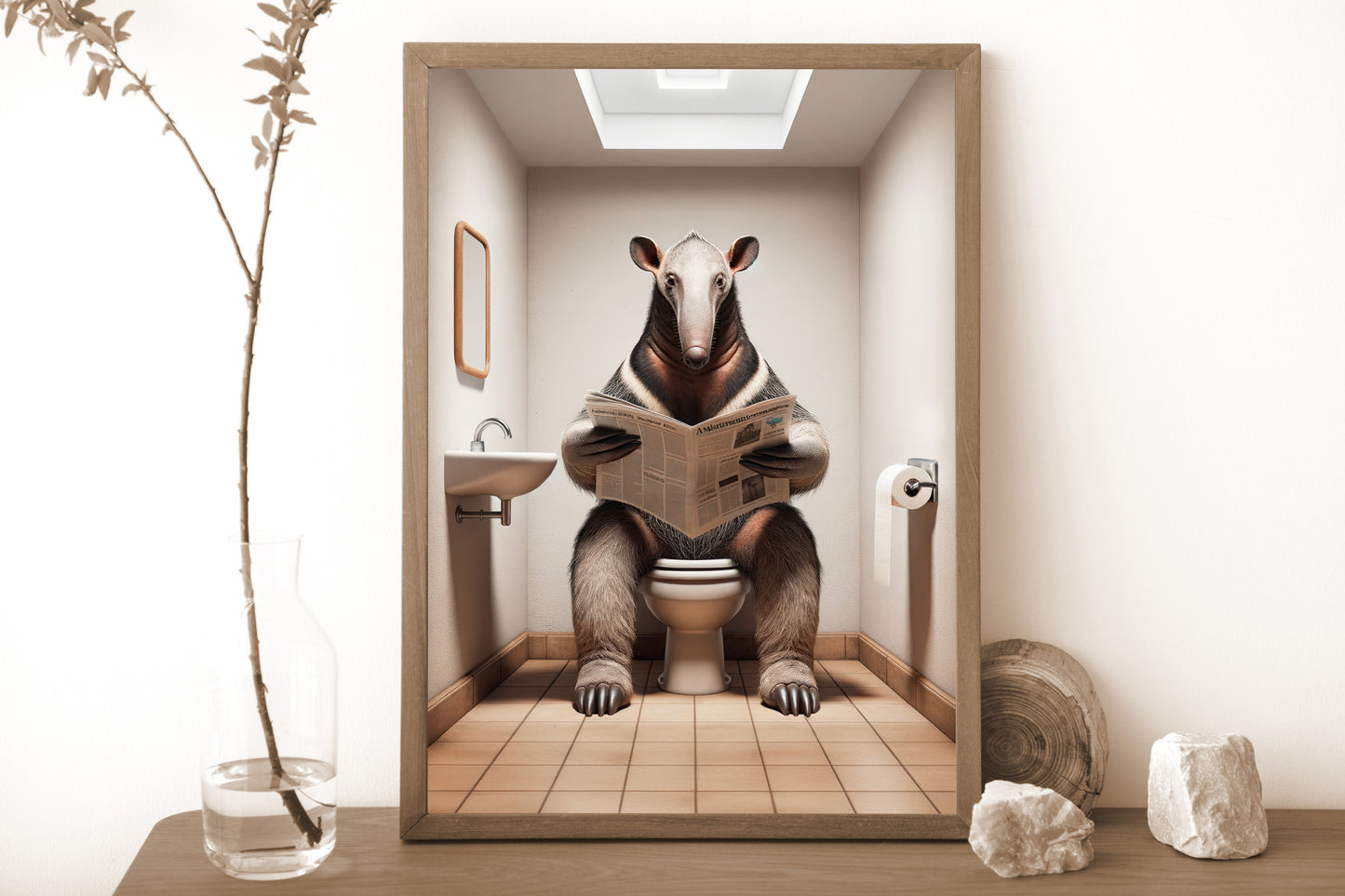 Poster d'un Fourmilier lisant le journal, Décoration Humour WC, Cadre déco Salle de bain, Cadeau Original Toilettes