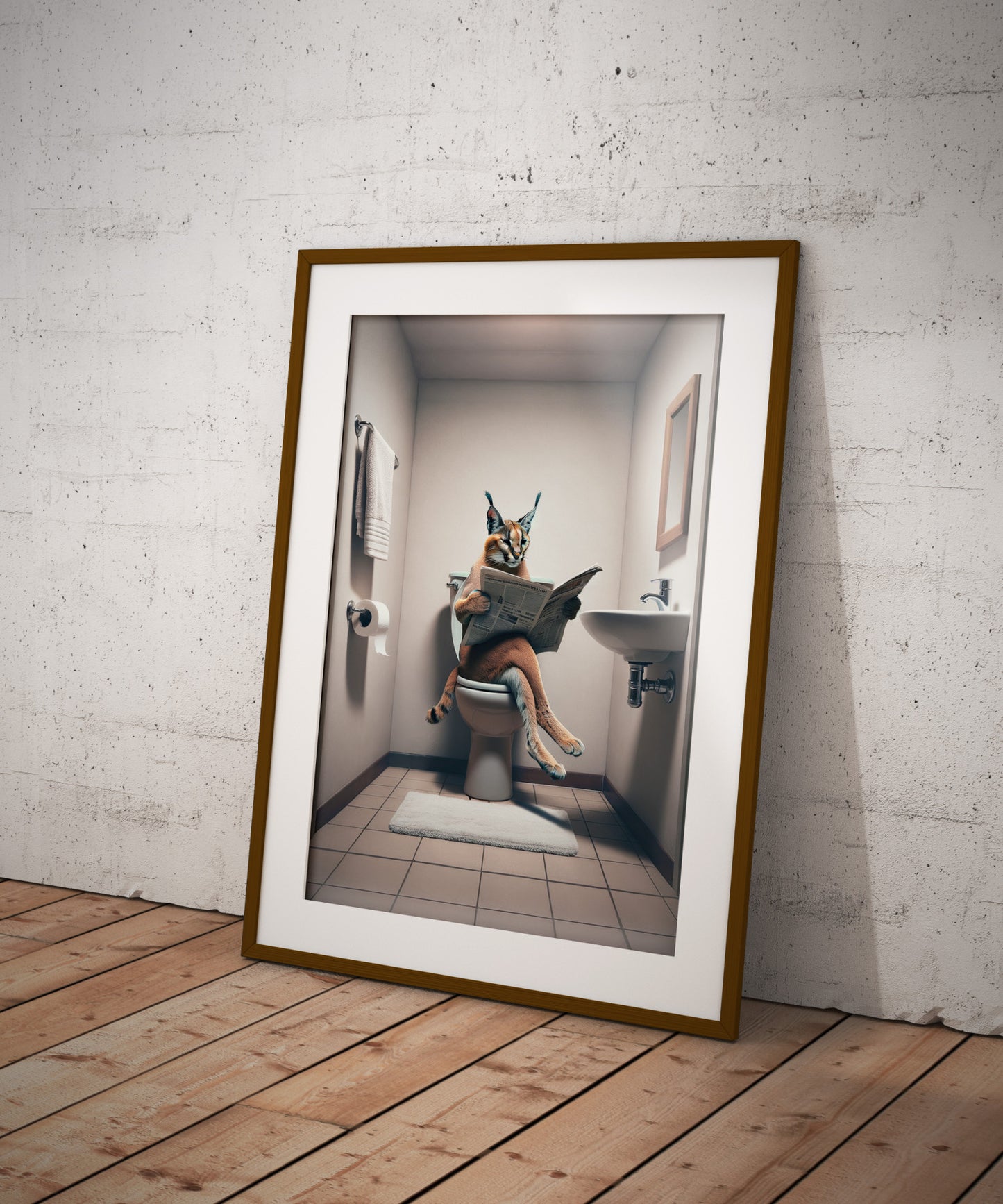 Affiche Caracal lisant le journal aux toilettes, Humour WC, Décoration Murale Salle de Bain, Poster Amusant Cadeau Unique