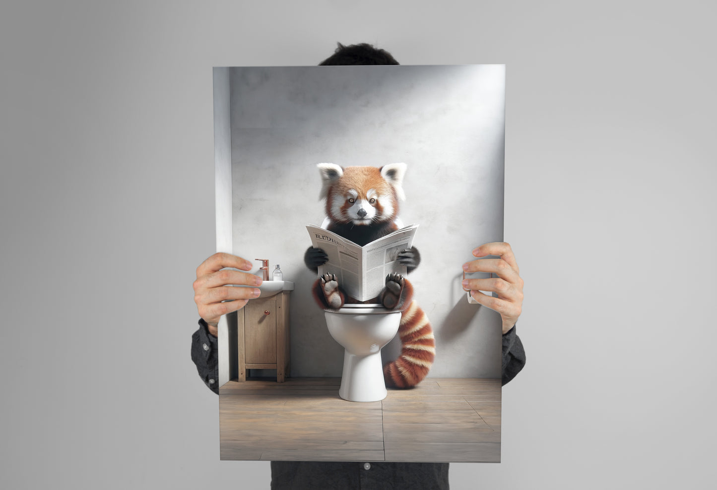 Red Panda Reading Newspaper - Funny Bathroom Wall Art Poster | Unique WC Toilet Decor | Perfect Funny Gift