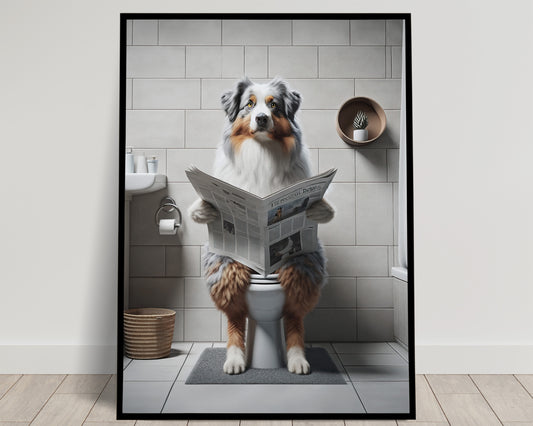 Australian Shepherd Reading Newspaper Toilet Poster - Fun Bathroom Decor Wall Art, Gag Gift for WC