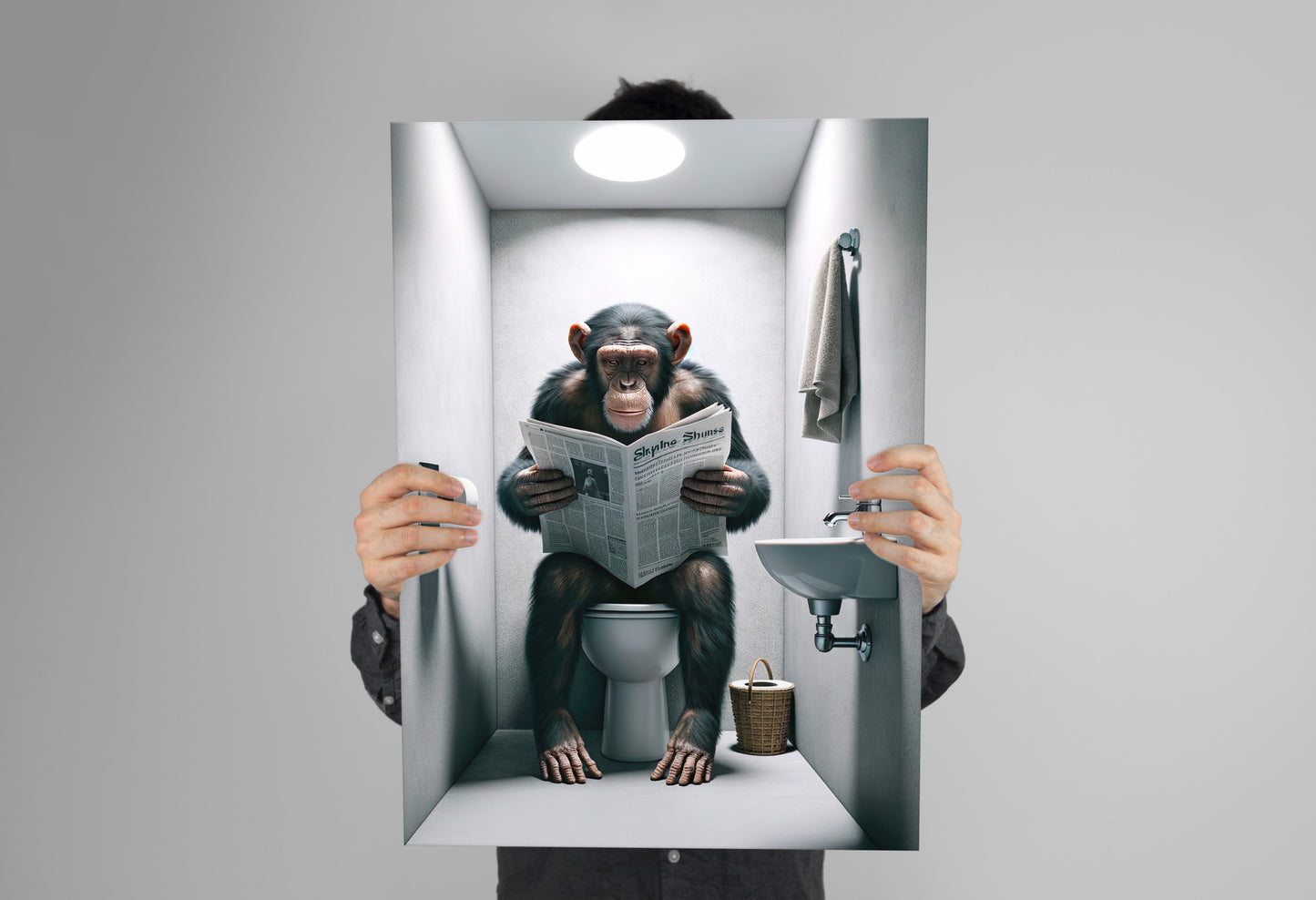 Poster Chimpanzé lisant le journal, Décoration Humour WC, Cadre Art Salle de bain, Idée Cadeau Amusante