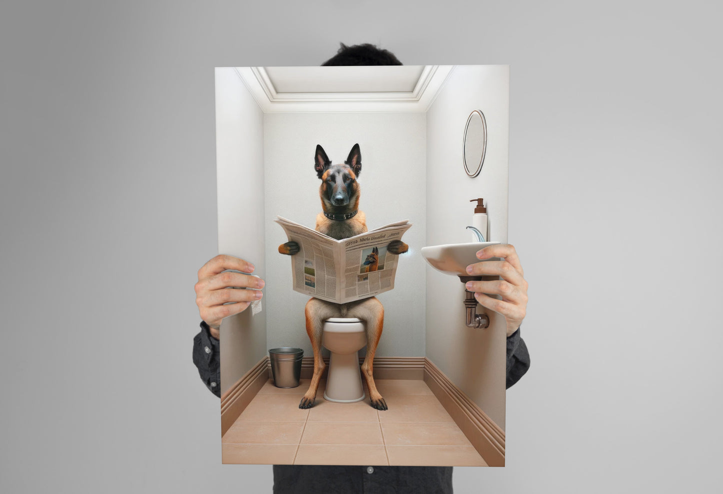 Belgian Malinois Dog Reading Newspaper Poster - Fun Bathroom Wall Art - WC Toilet Gag Gift - Belgian Shepherd Decor