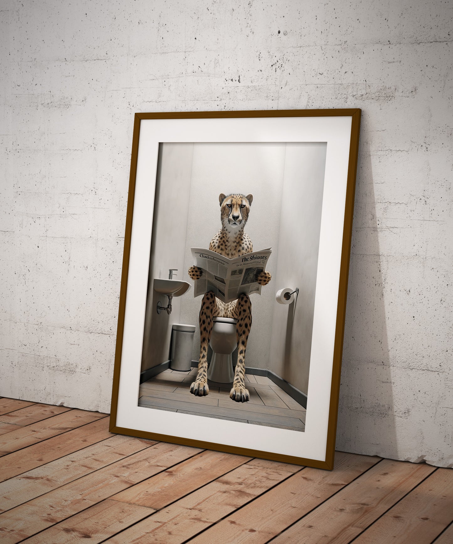 Cheetah Reading Newspaper on Toilet Poster - Funny Bathroom Wall Art - Unique WC Decor - Hilarious Gift Idea