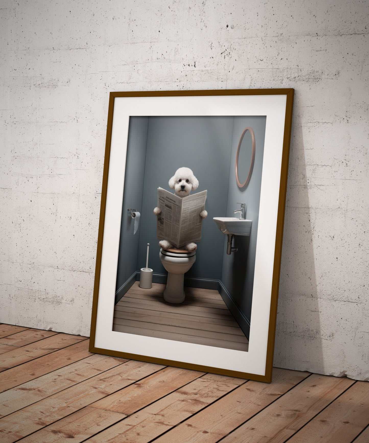 Poster Humoristique : Bichon Frisé lisant le journal, Déco Salle de Bain, Art Mural WC, Cadeau Amusant