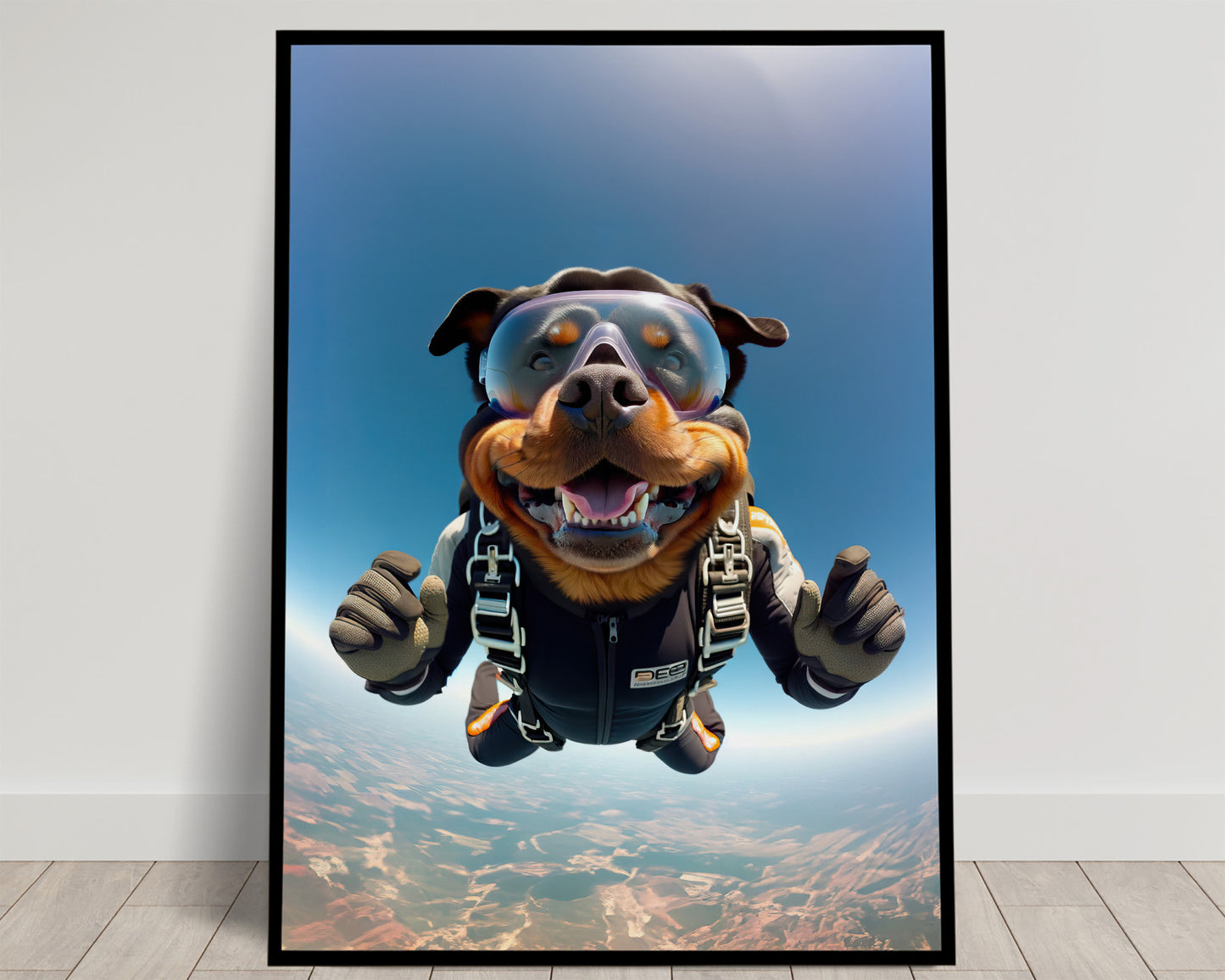 Poster Chien Rottweiler en Chute Libre - Affiche Murale Saut en Parachute - Décor Sport Extrême - Cadeau Unique