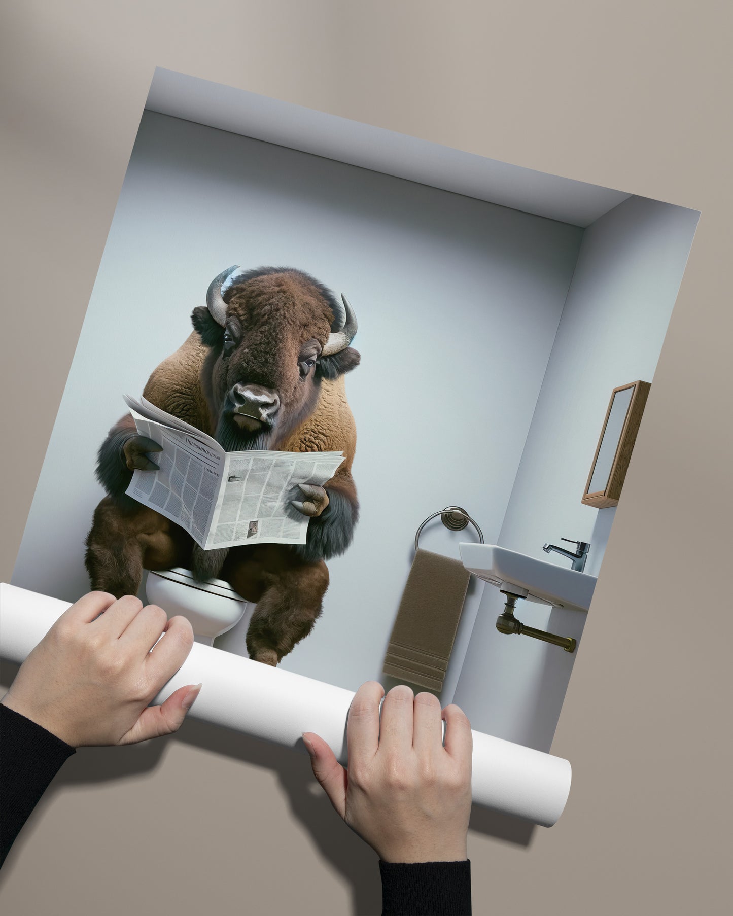 Funny Bison Reading Newspaper on Toilet Poster - Unique Bathroom Wall Art, WC Decor, Humorous Gift