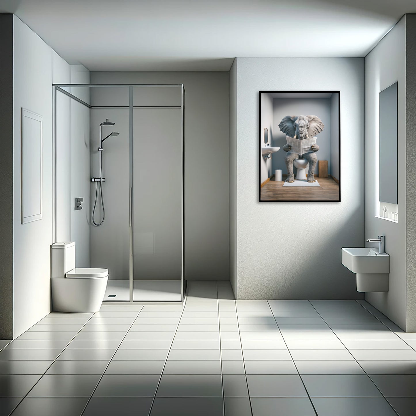 Poster Éléphant Lisant Journal sur Toilettes - Décoration Humour WC, Cadre Salle de Bain, Idée Cadeau Fun