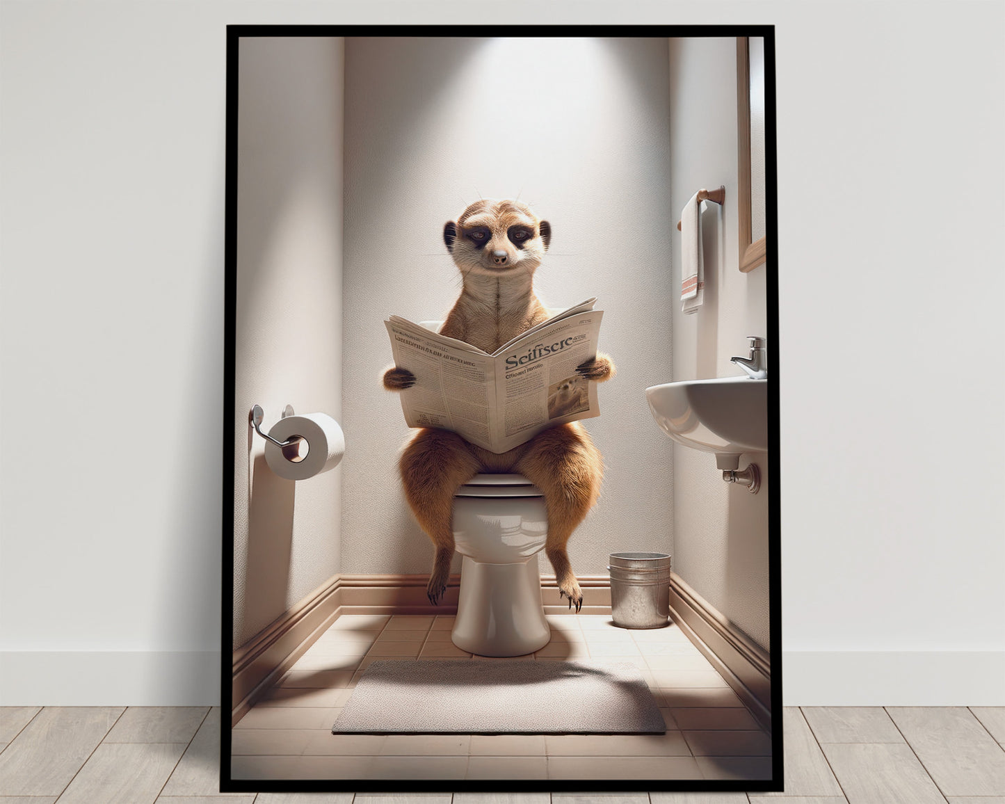 Poster Humoristique Suricate aux WC, Décoration Murale Drôle Salle de Bain, Cadre Fun Toilette, Idée Cadeau Originale