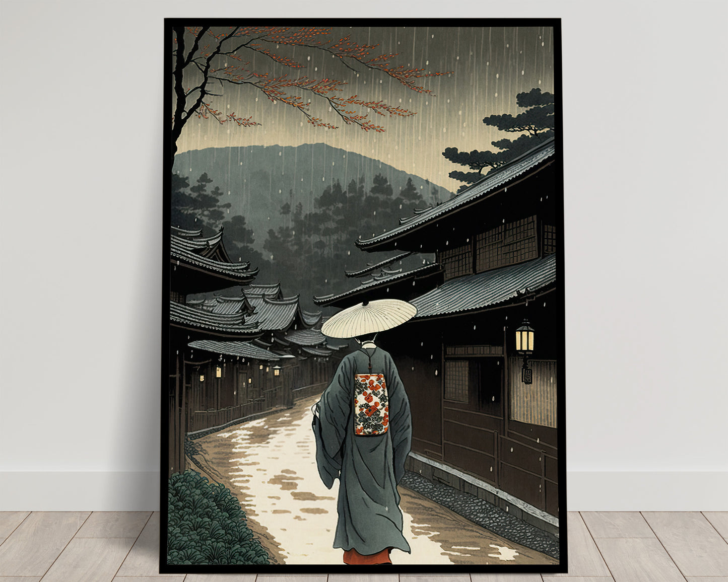 Japanese Village Rain Poster - Authentic Japanese Art Style Illustration, Perfect for Framing, Wall Decor