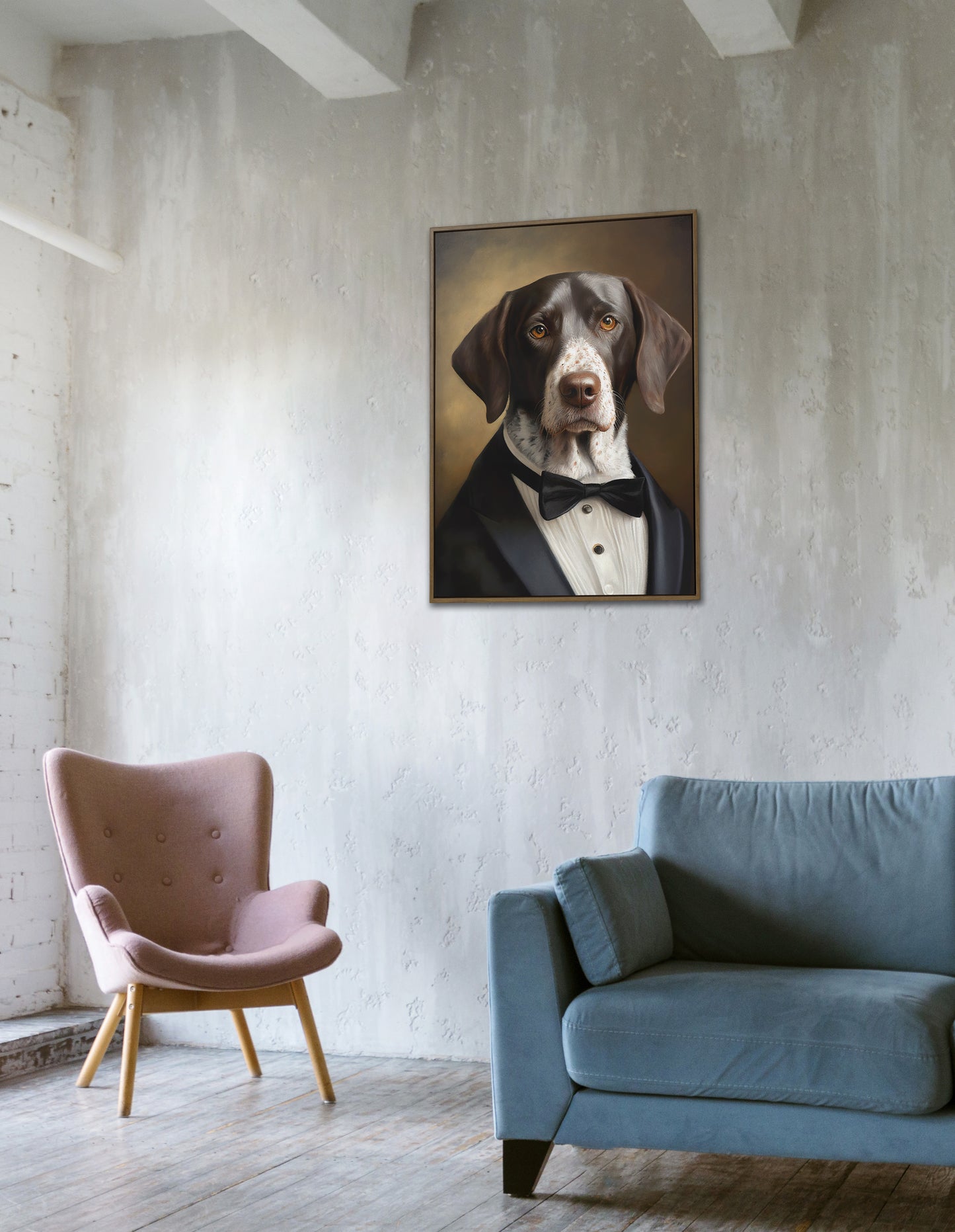 Chic Dog Poster - Short-haired Pointer in Tuxedo Portrait | Humorous Wall Art Print