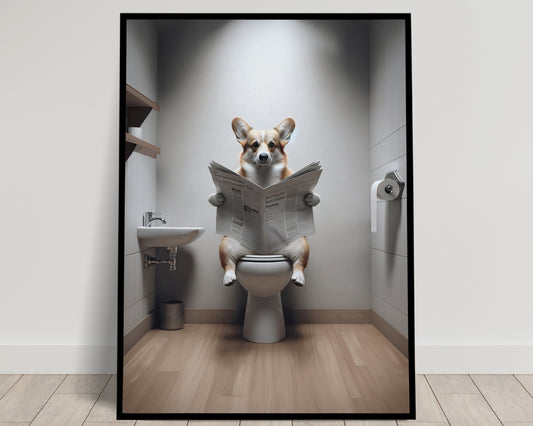 Funny Corgi Reading Newspaper Poster - Unique Bathroom Wall Art Decor - Humorous WC Toilet Gift
