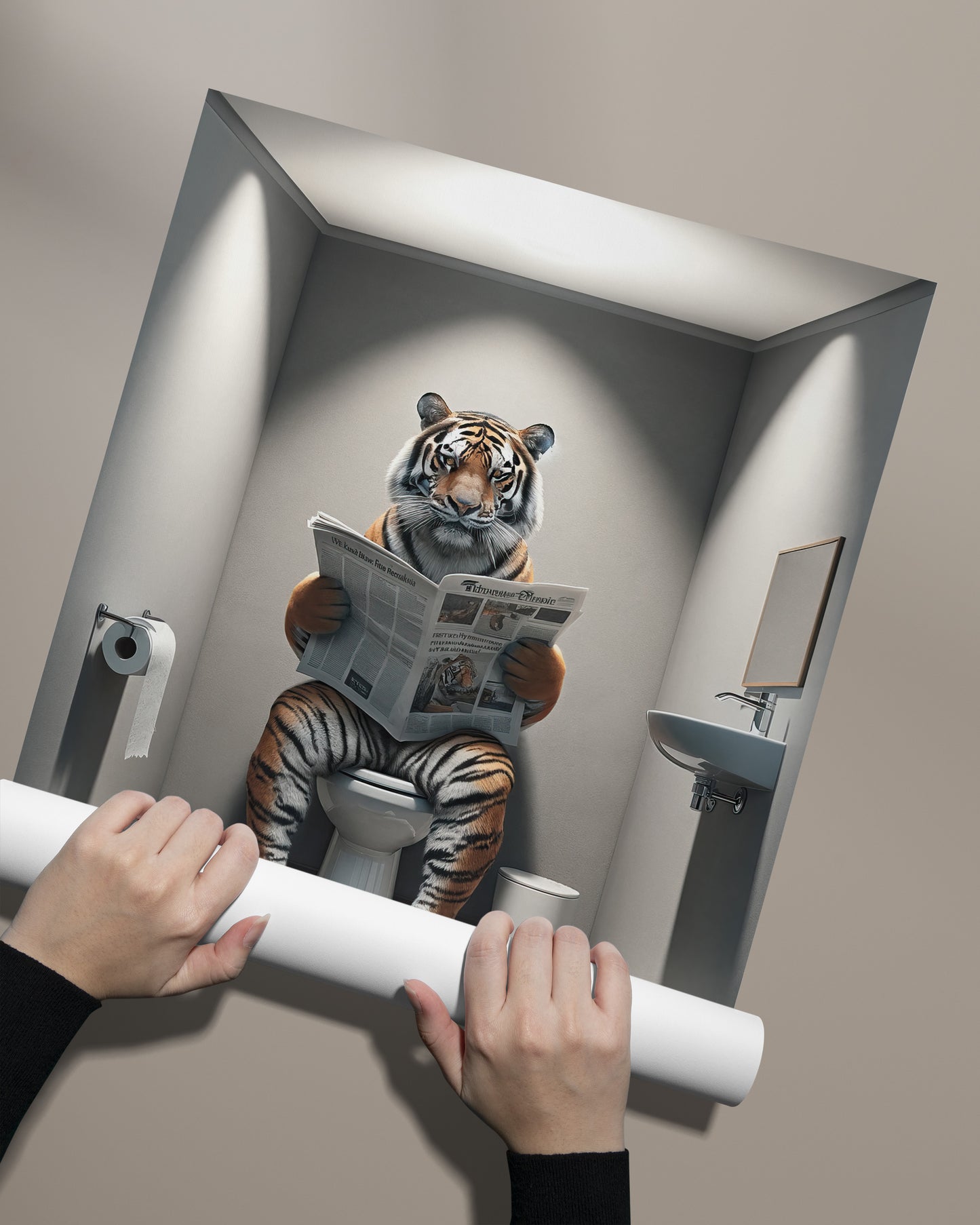 Tiger Reading Newspaper Poster - Funny Bathroom Wall Art Decor - Unique Toilet WC Poster - Quirky Gift