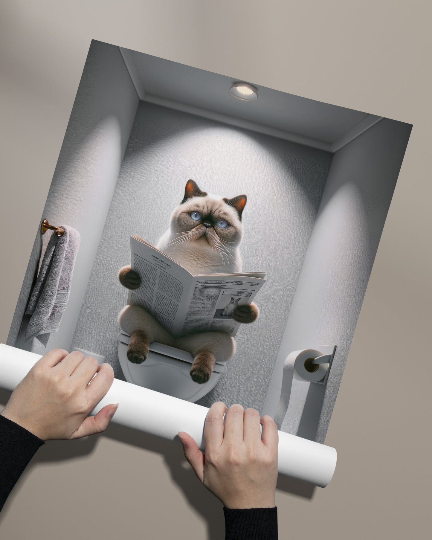 Affiche Murale Humour: Chat Exotic Shorthair Siamois lisant aux Toilettes, Déco WC & Salle de Bain, Cadeau Unique Chat