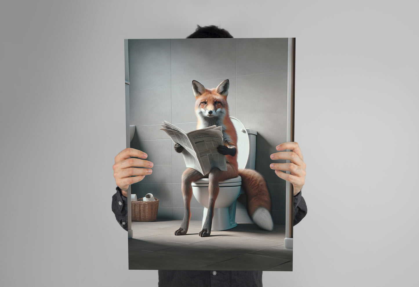 Funny Fox on Toilet Reading Newspaper Poster - Unique Bathroom Wall Art, Humorous WC Decor, Gag Gift