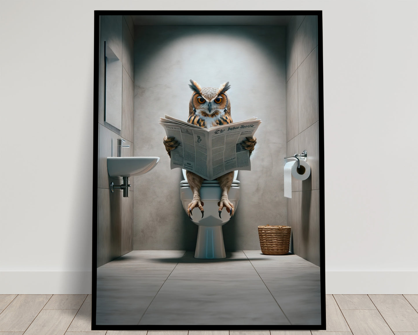 Owl Reading Newspaper on Toilet Poster - Funny Bathroom Wall Art - Unique WC Decor - Perfect Gag Gift