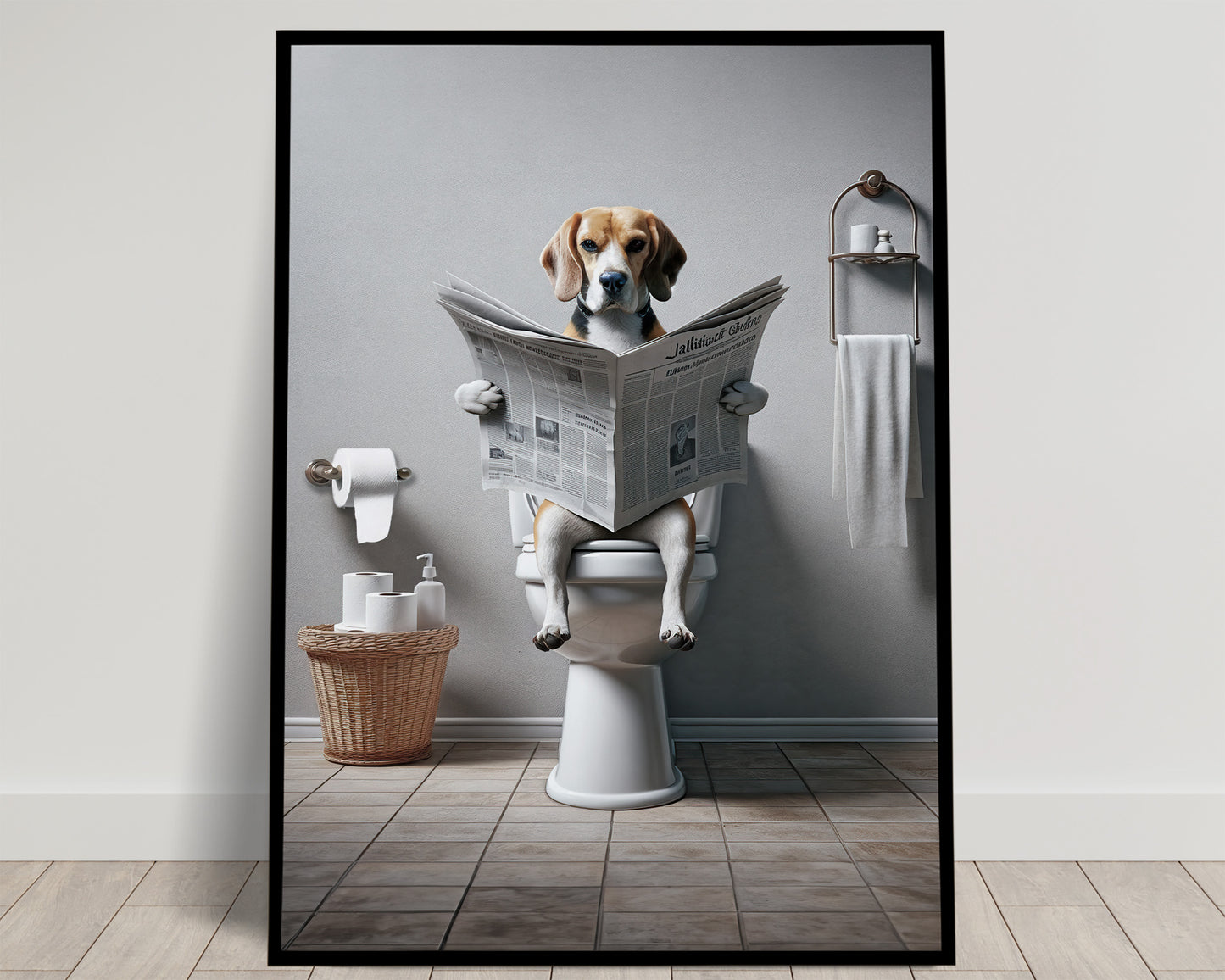 Poster Humoristique : Beagle Lisant le Journal aux Toilettes, Décoration Salle de Bain, Cadre et Cadeau Fun