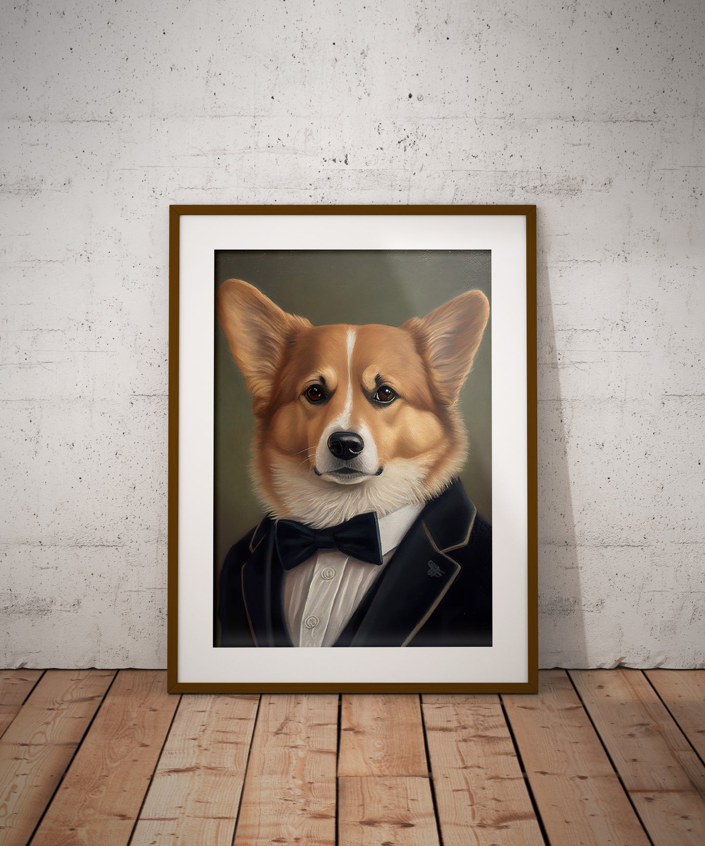 Poster chien corgi en smoking, décoration murale élégante, affiche chiot stylé, art mural animaux