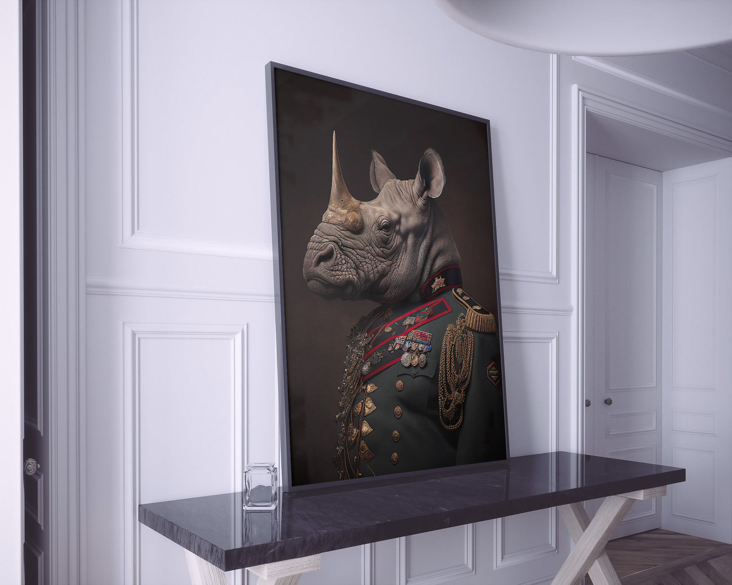 Affiche Rhinocéros en Uniforme Militaire - Poster Murale Animaux pour Décoration à Encadrer