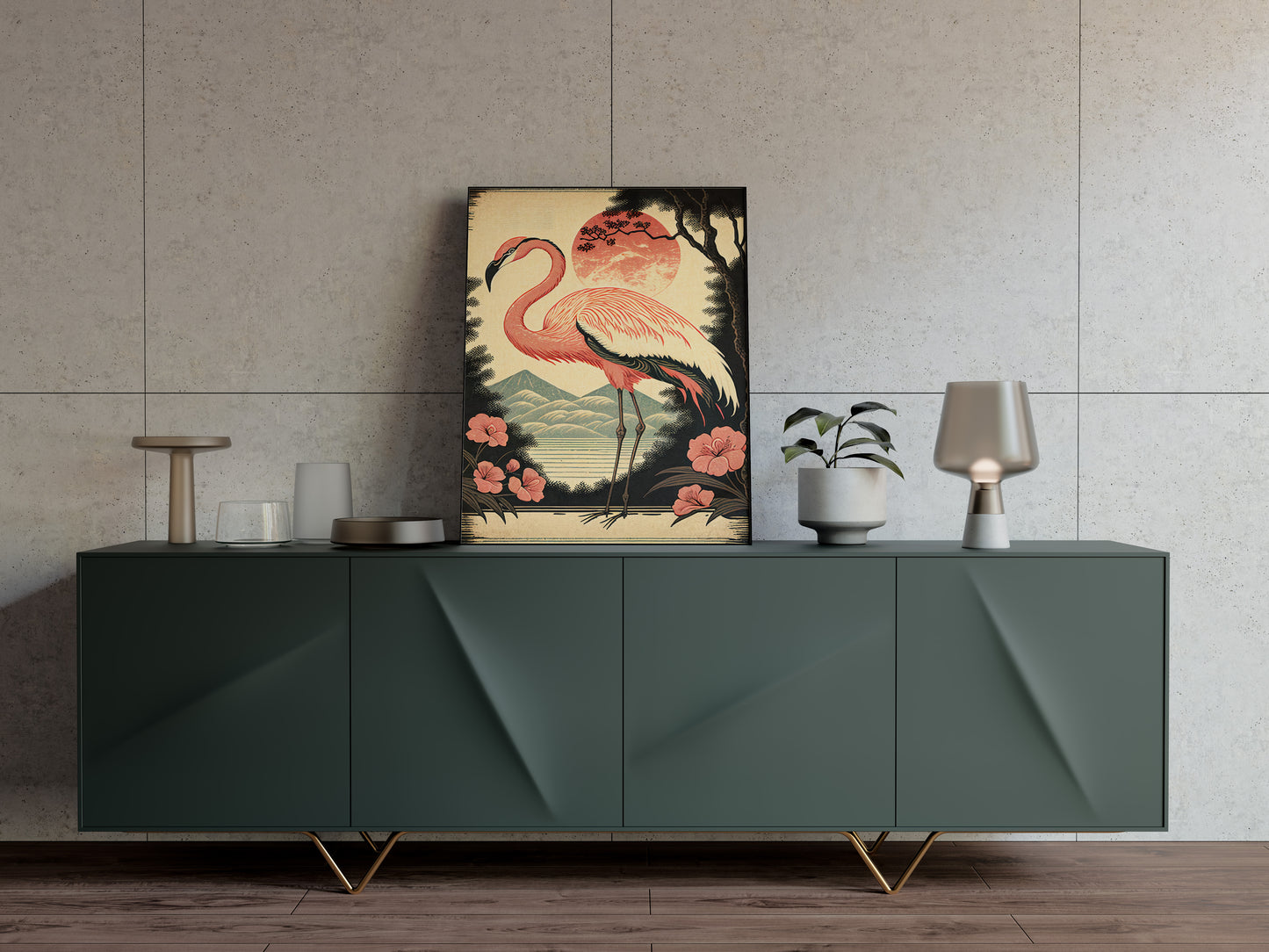 Poster Vintage Flamant Rose - Art Japonais Style Ukiyo-e, Impression Murale, Décoration Affiche Murale