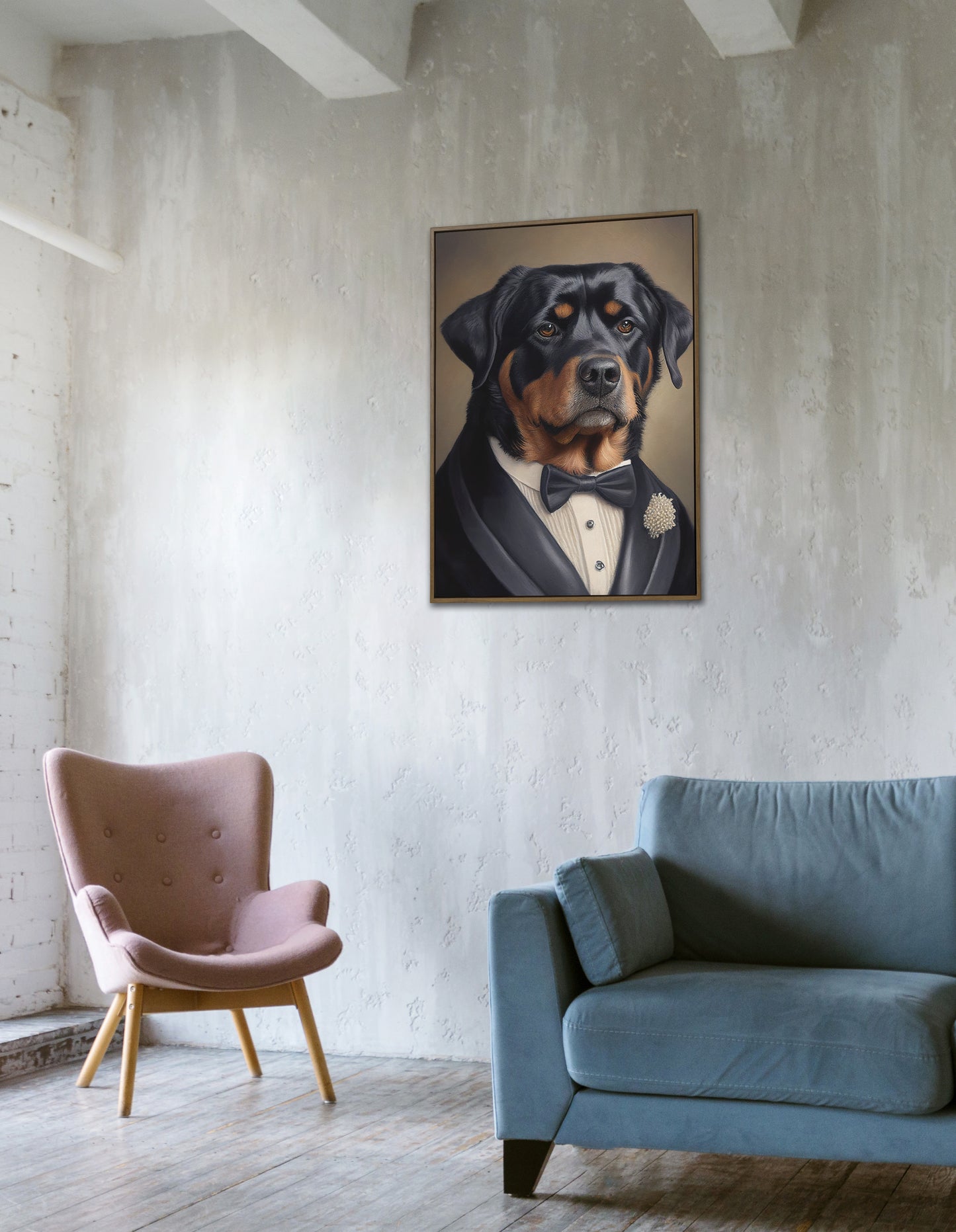 Rottweiler in Tuxedo Poster - Chic Wall Art Print, Humorous Dog Painting for Home Decor