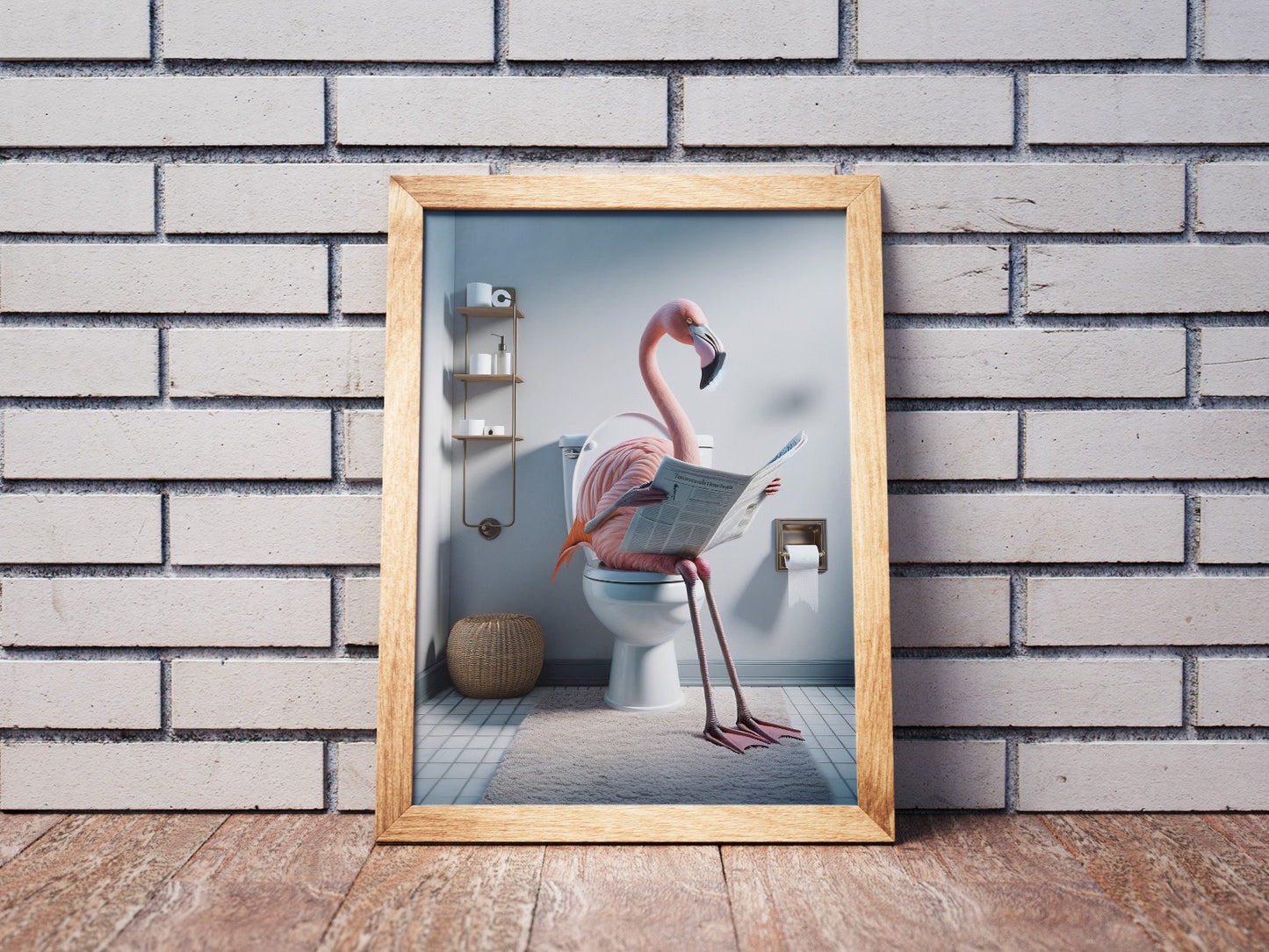 Poster Flamant Rose Original lisant le journal, Décoration Humour WC, Cadre Salle de Bain, Idée Cadeau Fun