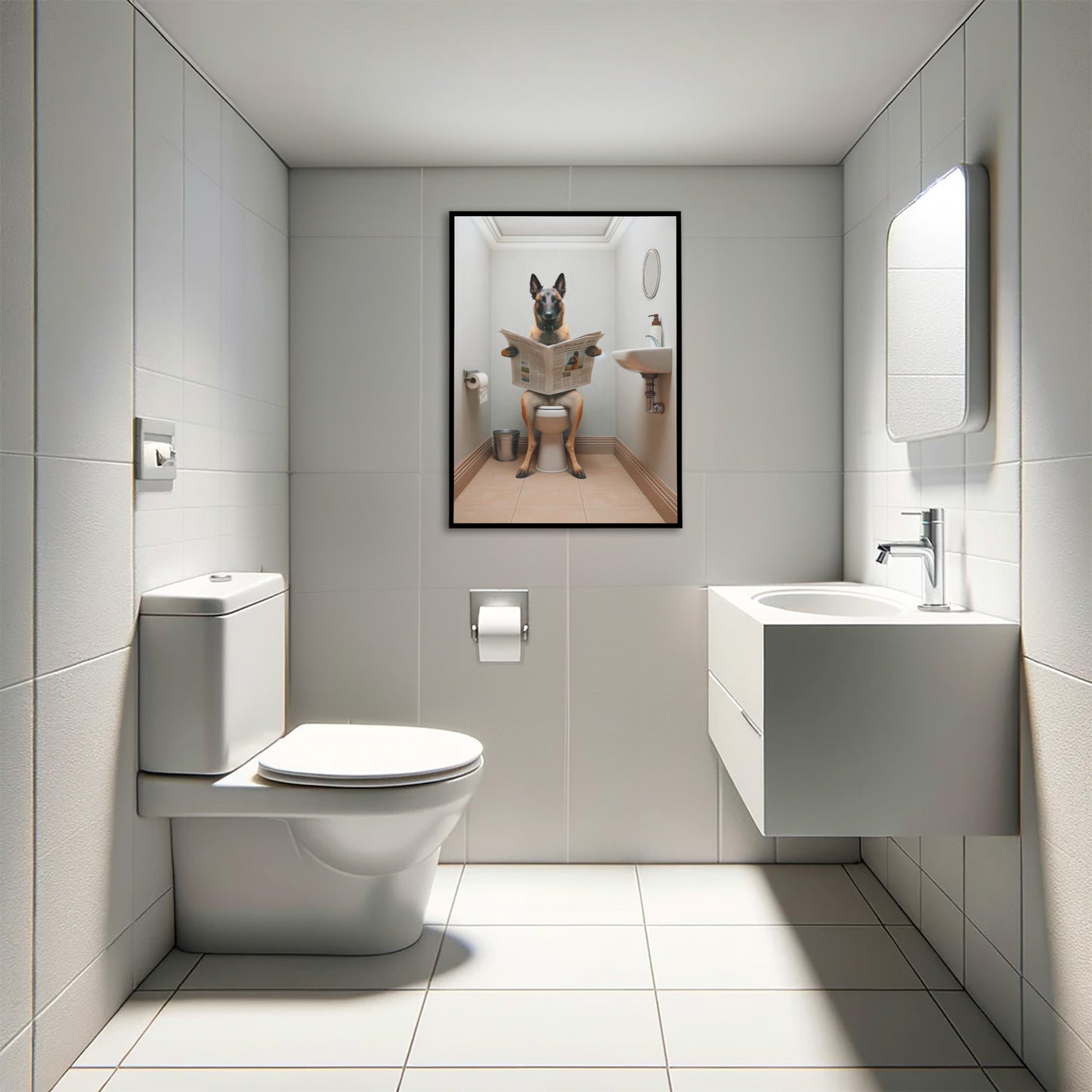 Belgian Malinois Dog Reading Newspaper Poster - Fun Bathroom Wall Art - WC Toilet Gag Gift - Belgian Shepherd Decor