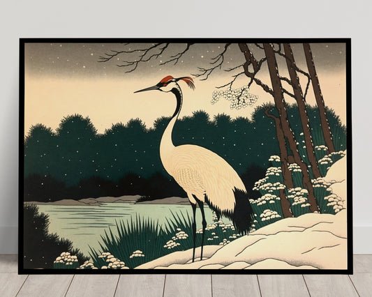 Poster Grue du Japon sous la Neige - Paysage Hivernal Nippon, Décoration Murale Asiatique Style Art Japonais