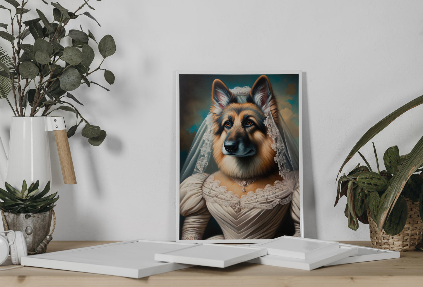 German Shepherd Wearing Wedding Dress Poster – Unique Animal Wall Art, Bride Decor, Perfect Gift for Dog Lovers