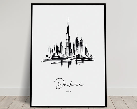 Black and White Dubai Landmarks Poster - Living Room Wall Art, Bedroom Decor, Office Poster, Unique Travel Gift Idea