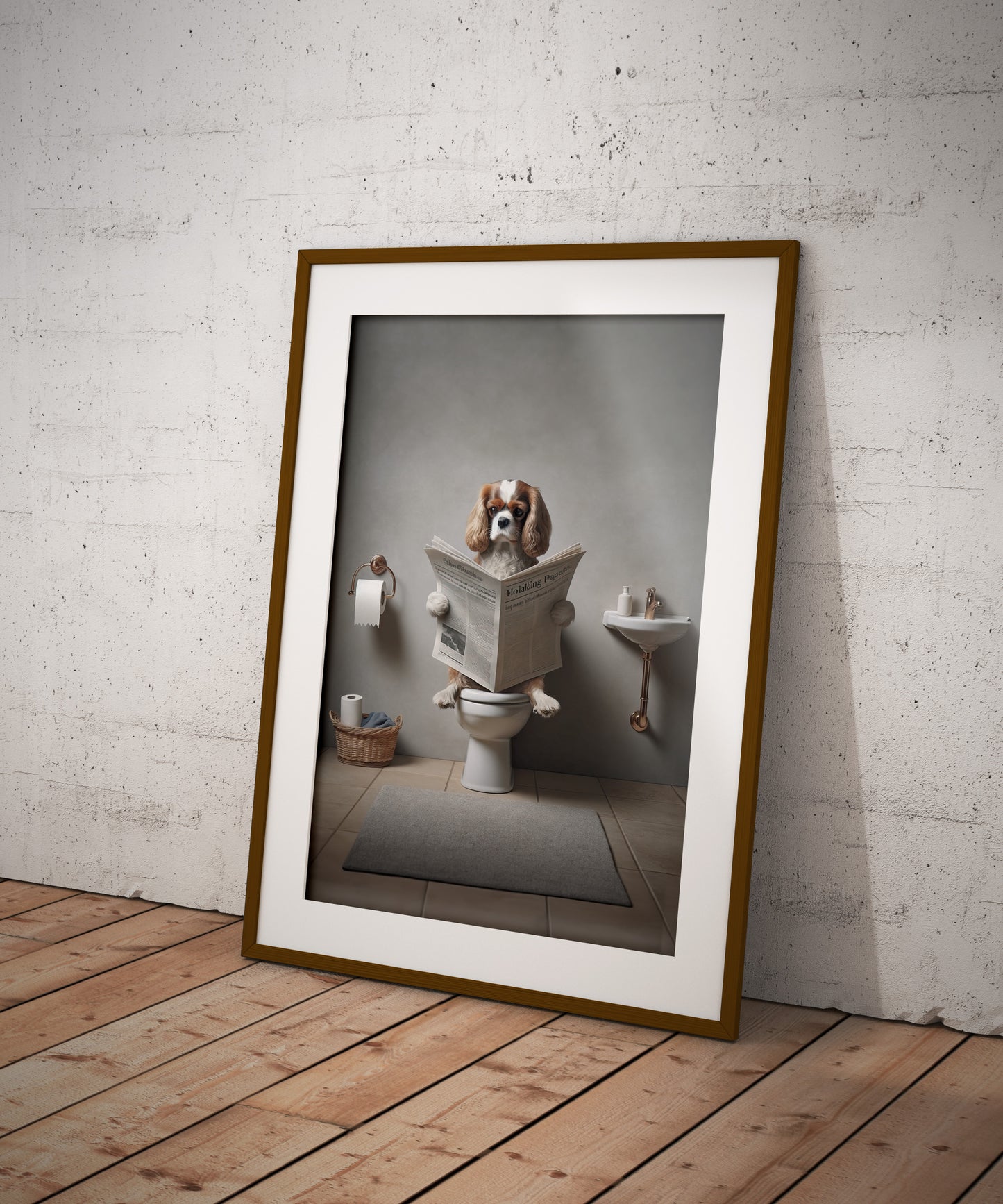 Poster Cavalier King Charles Spaniel lisant le journal, Déco Humour Salle de Bain, Cadre Illustré Toilettes