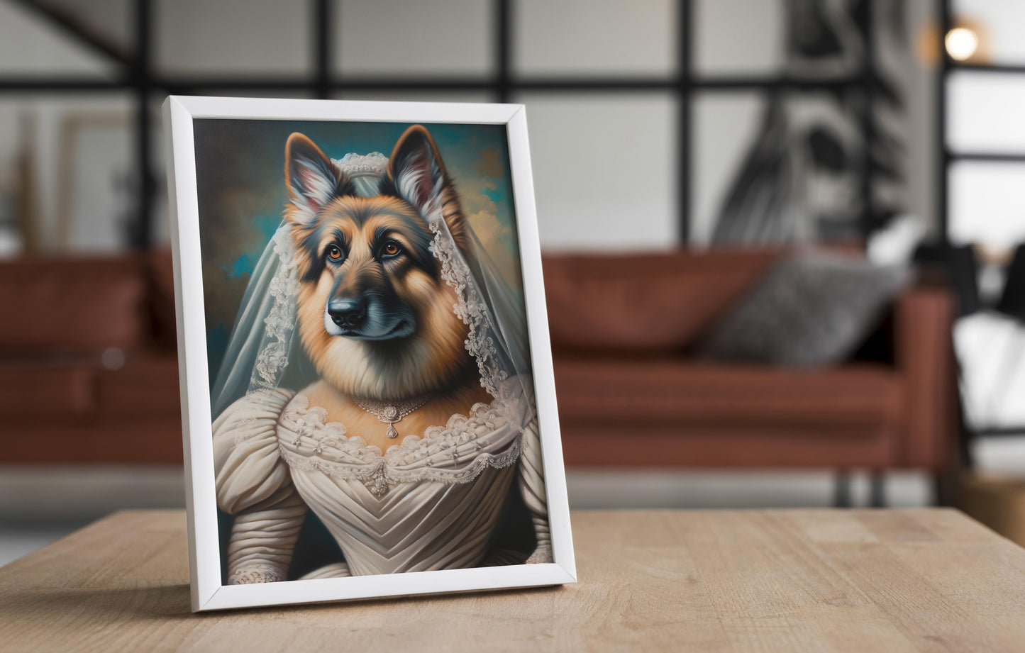 German Shepherd Wearing Wedding Dress Poster – Unique Animal Wall Art, Bride Decor, Perfect Gift for Dog Lovers