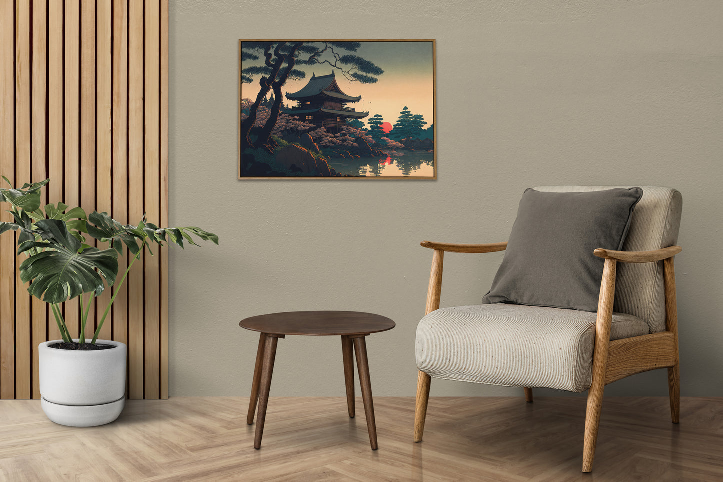 Japanese Temple Wall Poster, Art Style Illustration, Lake Landscape Decor, Frameable Wall Art