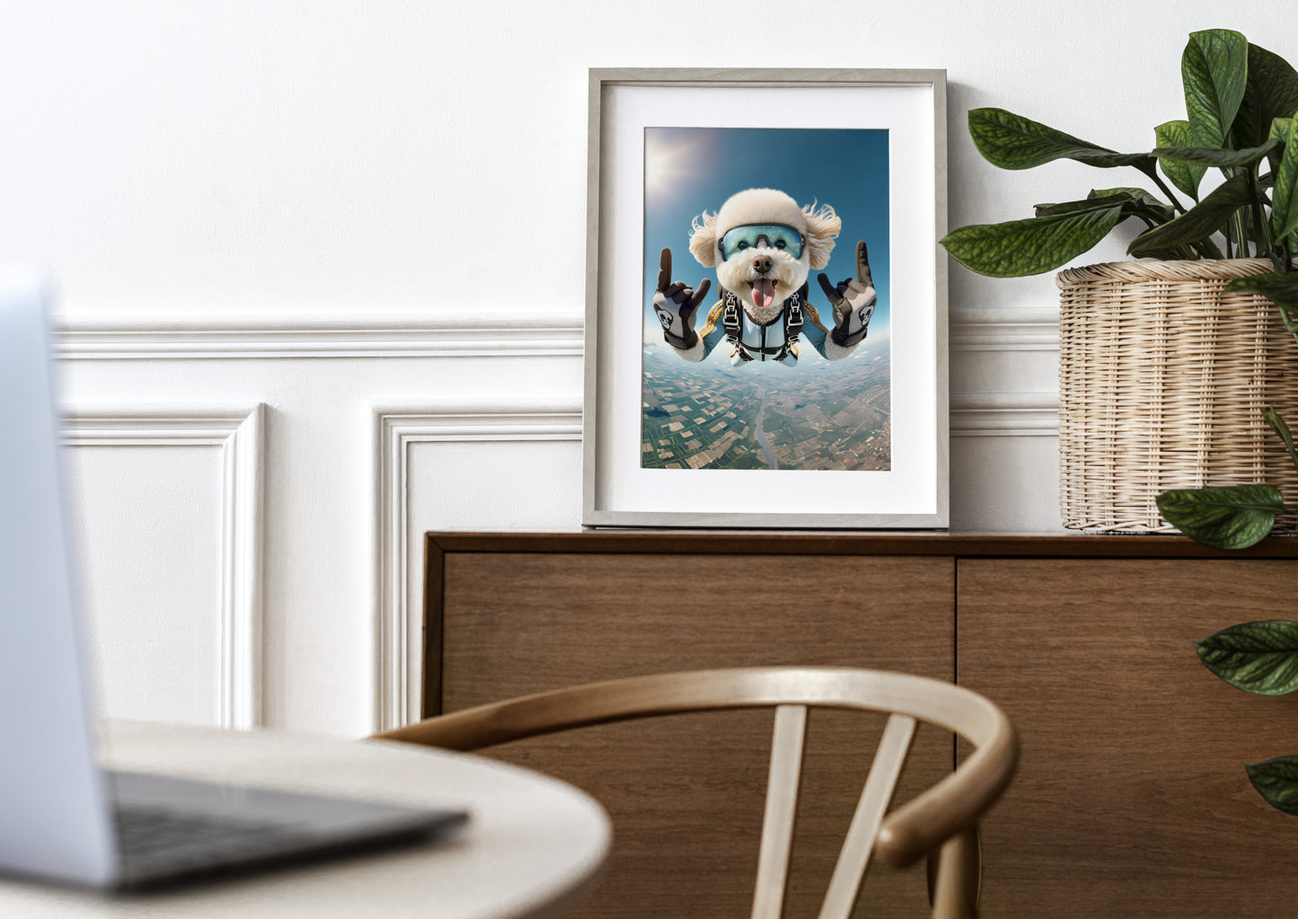 Affiche d'un Bichon Frisé en chute libre - Poster Chien Skydiving, Décor Sport Extrême, Idée Cadeau Originale