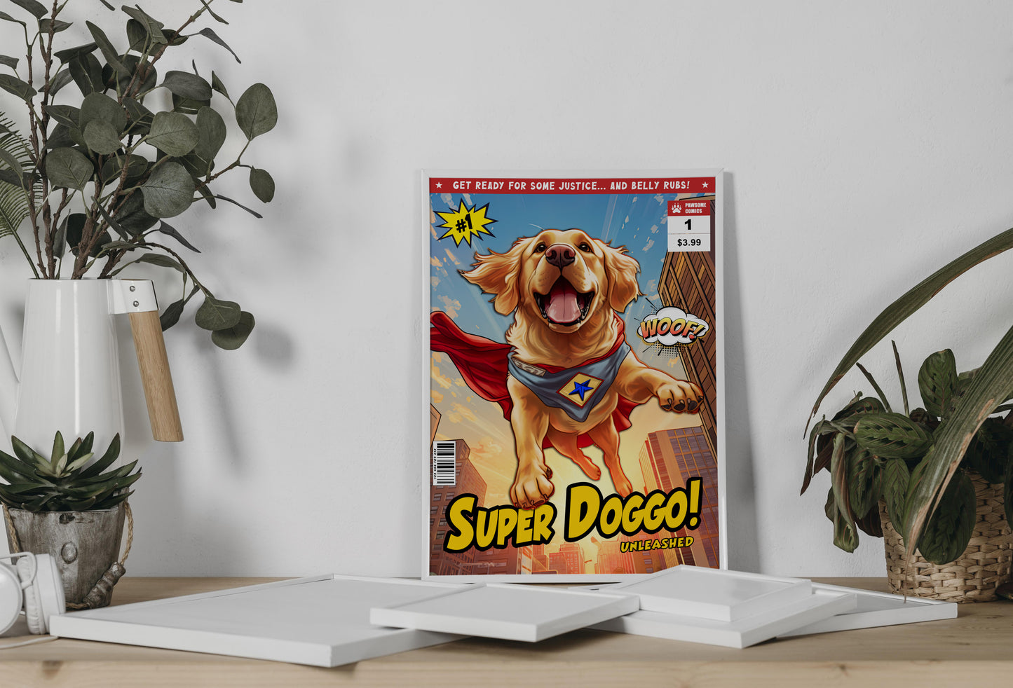 Golden Retriever Superhero Poster - Humorous Wall Art, Perfect Dog Lover Gift, Cartoon Comic Book Cover Print