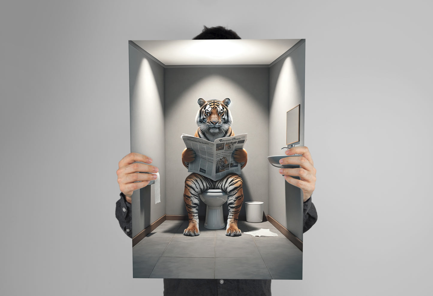 Tiger Reading Newspaper Poster - Funny Bathroom Wall Art Decor - Unique Toilet WC Poster - Quirky Gift